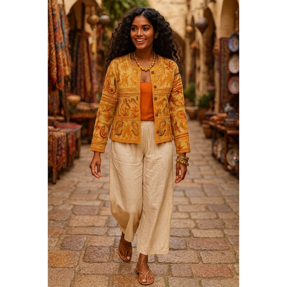 Vibrant Yellow Embroidered Cotton Artisan Jacket w/Wood Buttons Sz. L - Picture 1 of 12